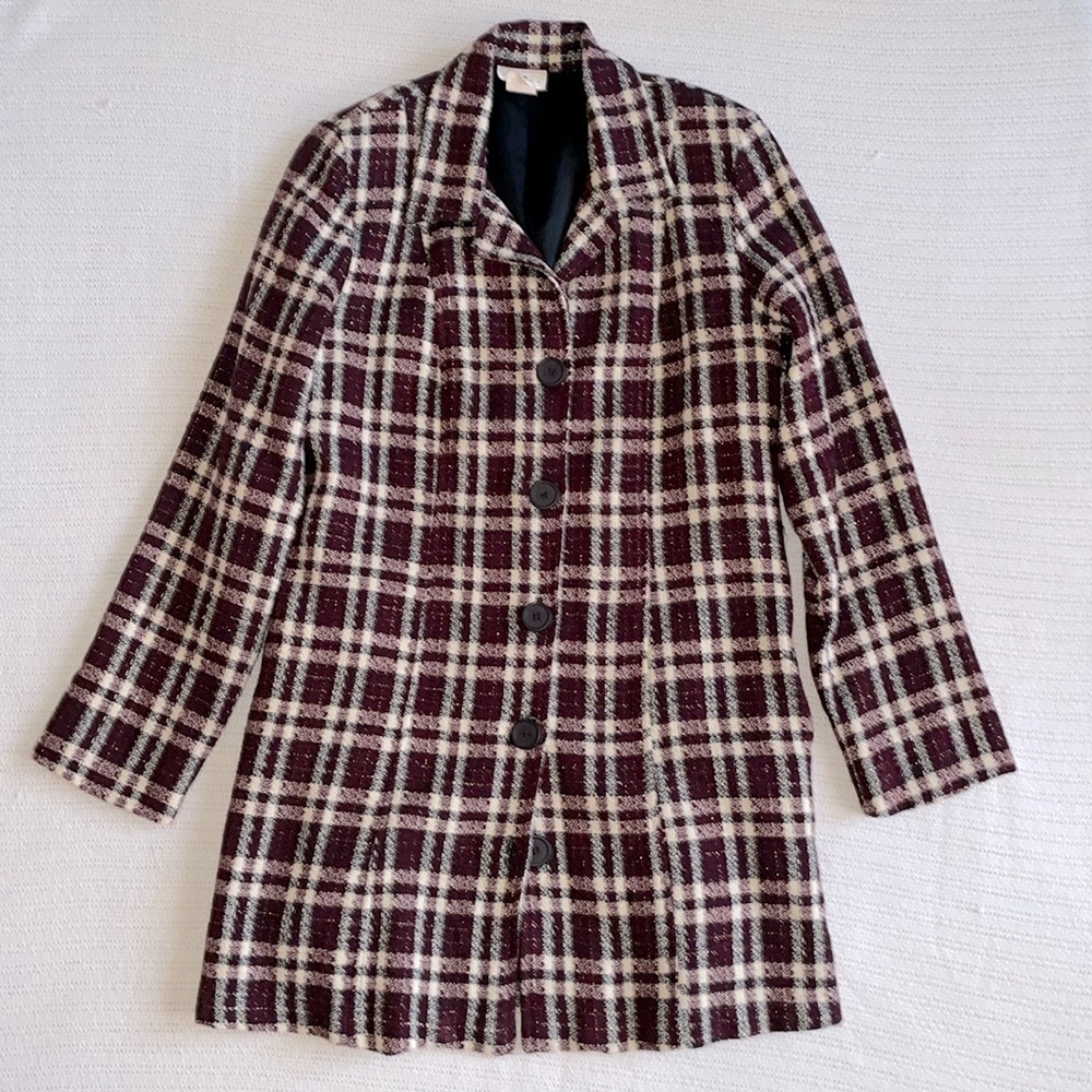 Plaid Jacket in Burgundy, Black & White - Size Small - Lightweight Jacket